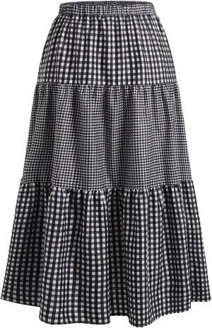 Women's Plus Size Gingham Tiered Layer Skirt Flowy Elastic High Waist A Line Skirts