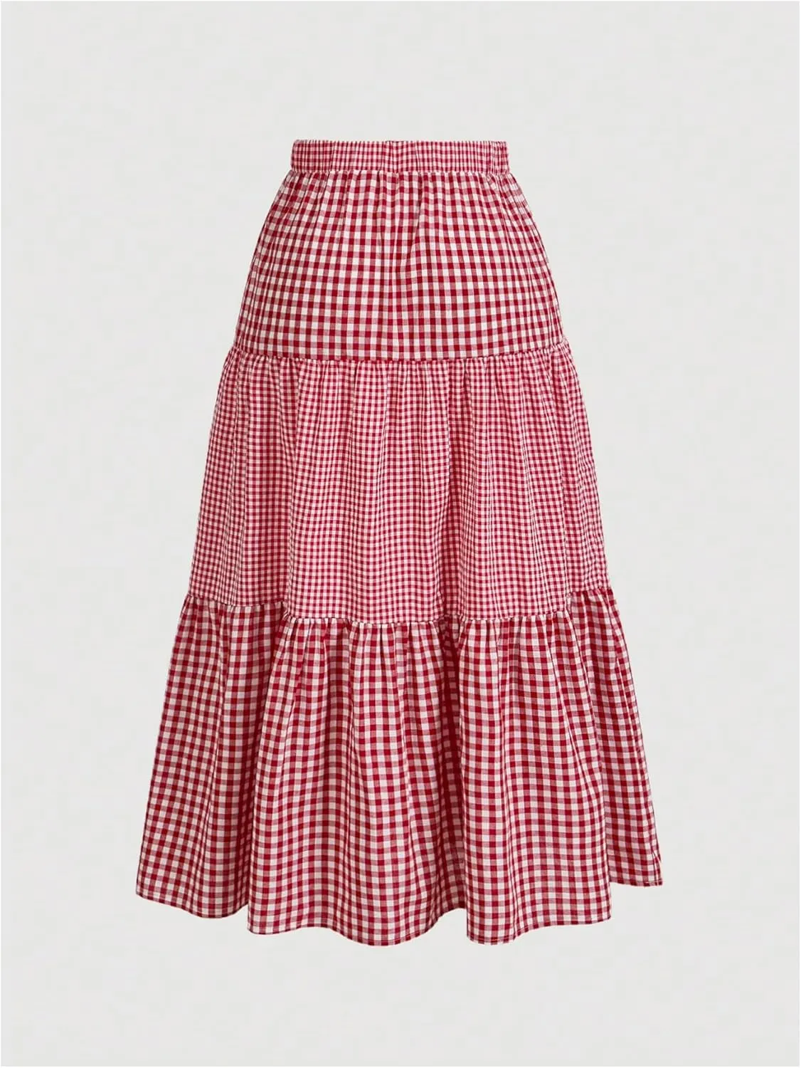 Women's Plus Size Gingham Tiered Layer Skirt Flowy Elastic High Waist A Line Skirts