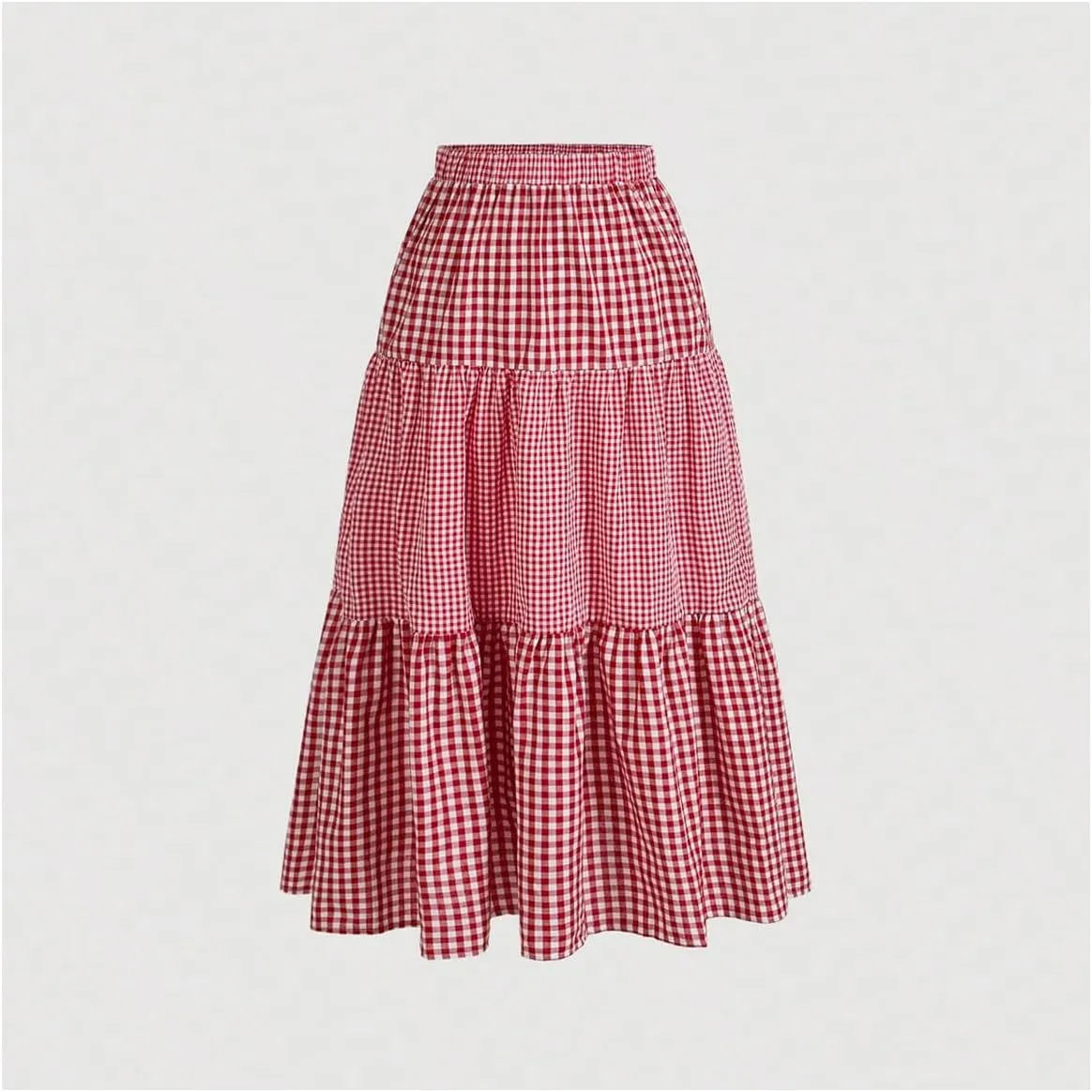 Women's Plus Size Gingham Tiered Layer Skirt Flowy Elastic High Waist A Line Skirts