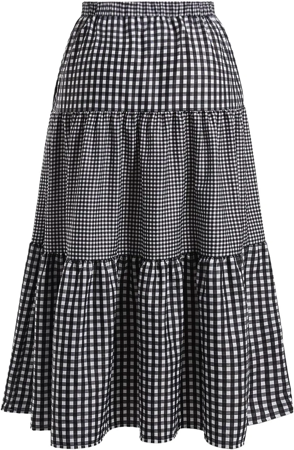 Women's Plus Size Gingham Tiered Layer Skirt Flowy Elastic High Waist A Line Skirts