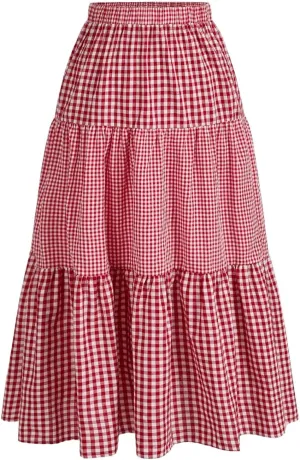 Women's Plus Size Gingham Tiered Layer Skirt Flowy Elastic High Waist A Line Skirts