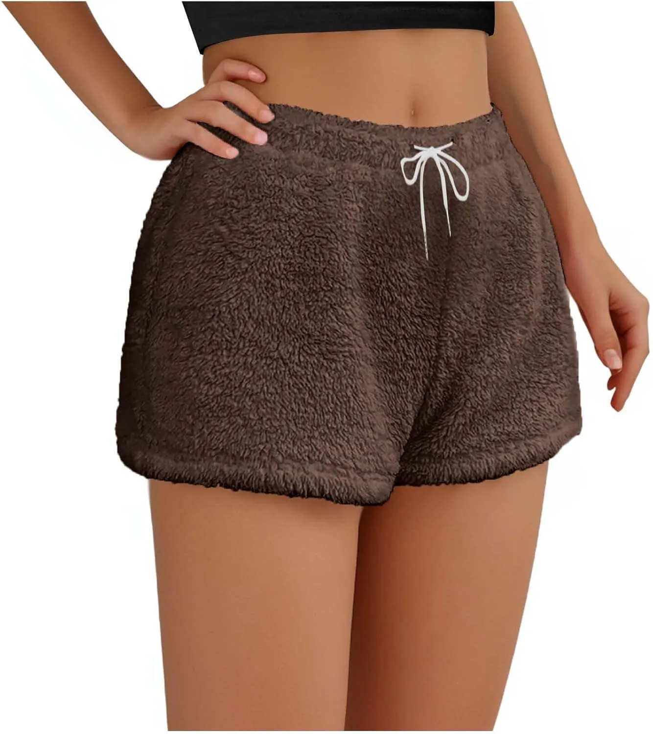 Women's Plush Shorts Drawstring High Waist Soft Fluffy Warm Pajama Short Pants Lounge Sleep Bottoms Sleepwear Pant