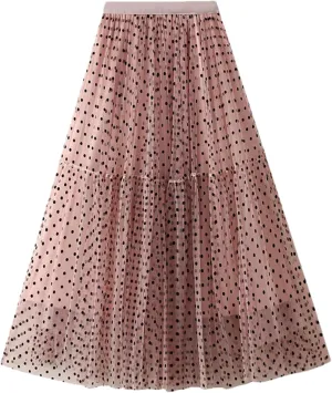 Women's Polka Dot Mesh A-Line Skirts High Waisted All Match Casual Long Skirt