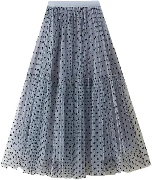 Women's Polka Dot Mesh A-Line Skirts High Waisted All Match Casual Long Skirt