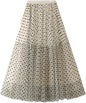 Women's Polka Dot Mesh A-Line Skirts High Waisted All Match Casual Long Skirt