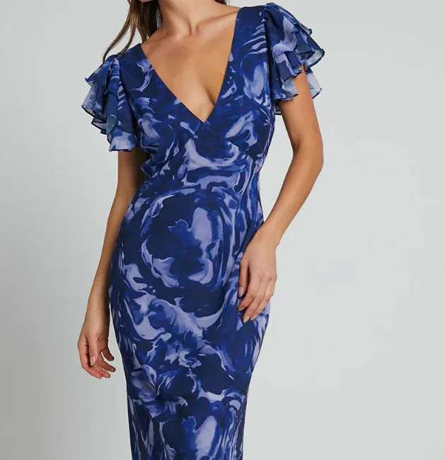 Women’s Printed Chiffon V-Neck Maxi Dress with Short Ruffled Sleeves and Open Back S-XL