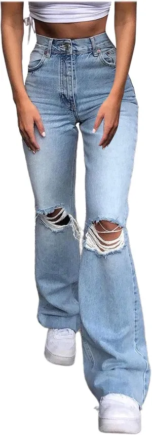 Women's Ripped Boyfriend Jeans Cute Relaxed Fit Y2k Streetwear Baggy Denim Pants Flared Jeans Trousers