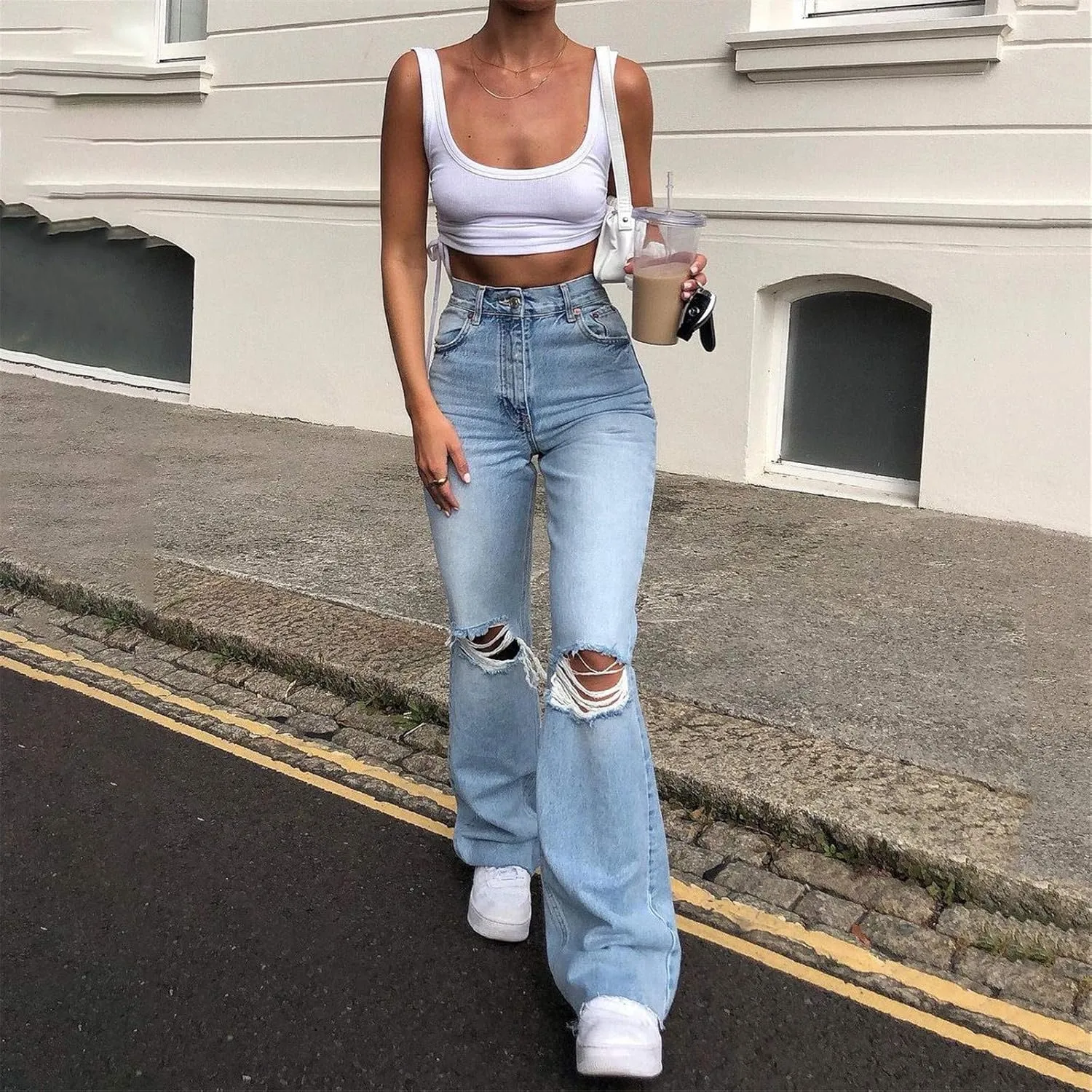 Women's Ripped Boyfriend Jeans Cute Relaxed Fit Y2k Streetwear Baggy Denim Pants Flared Jeans Trousers