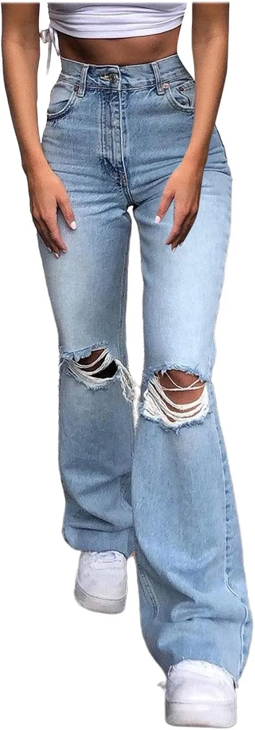 Women's Ripped Boyfriend Jeans Cute Relaxed Fit Y2k Streetwear Baggy Denim Pants Flared Jeans Trousers