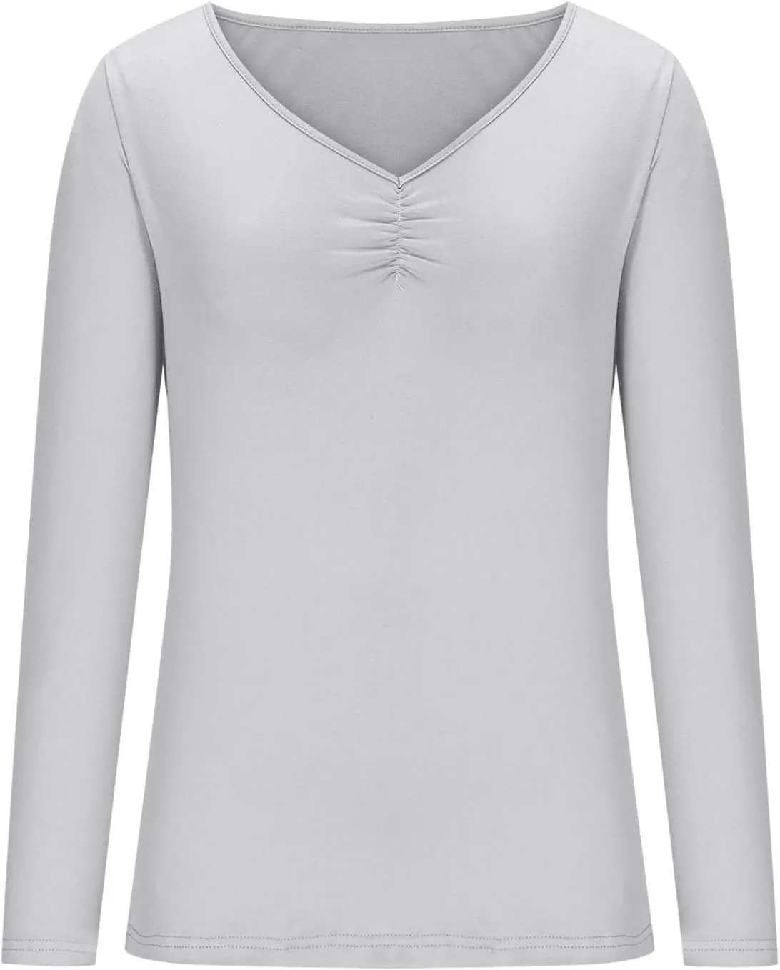 Women's Ruched V Neck Slim Fitted T Shirts 2025 Spring Summer Basic Solid Color Long Sleeve Layering Tee Tops