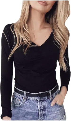 Women's Ruched V Neck Slim Fitted T Shirts 2025 Spring Summer Basic Solid Color Long Sleeve Layering Tee Tops