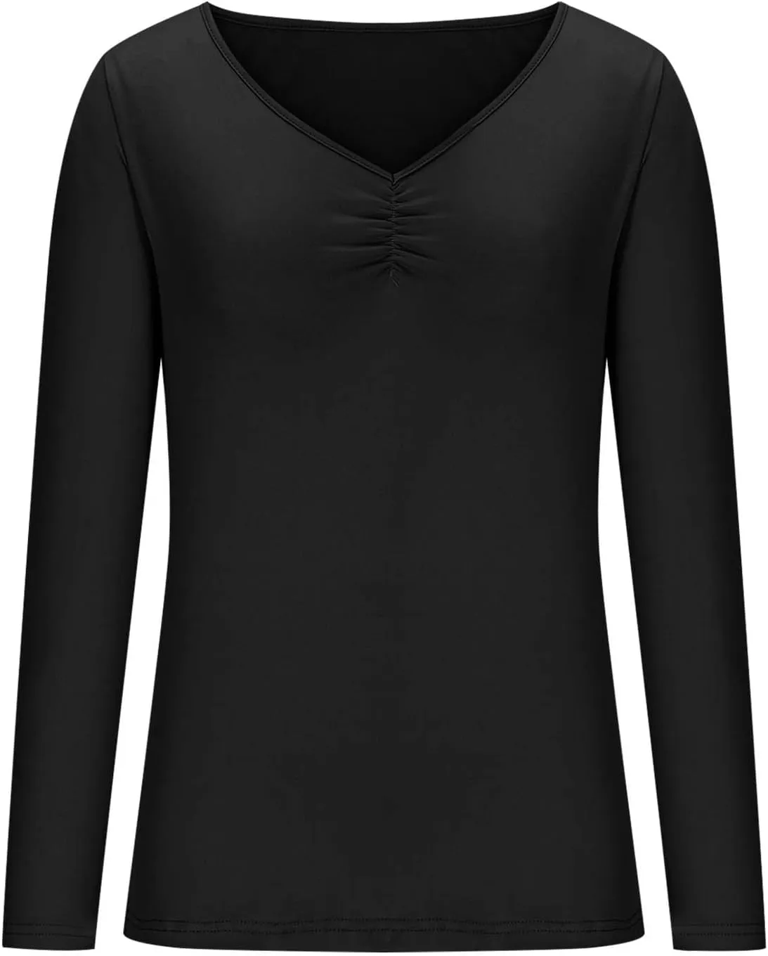 Women's Ruched V Neck Slim Fitted T Shirts 2025 Spring Summer Basic Solid Color Long Sleeve Layering Tee Tops