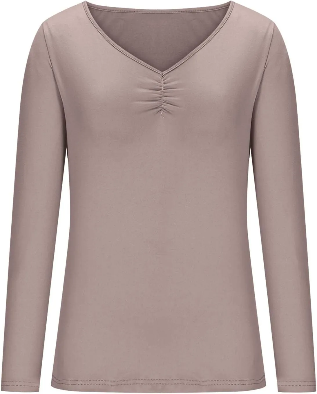 Women's Ruched V Neck Slim Fitted T Shirts 2025 Spring Summer Basic Solid Color Long Sleeve Layering Tee Tops