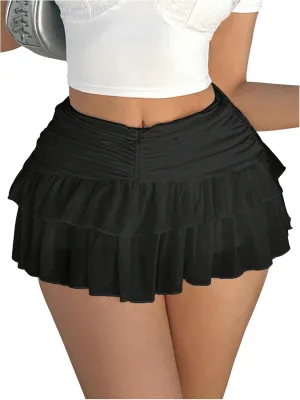 Women's Ruffle Ruched Skirts Tiered Layer Elastic Streetwear Mini Skirt Y2K Coquette Low Waist Flared Short Skirts