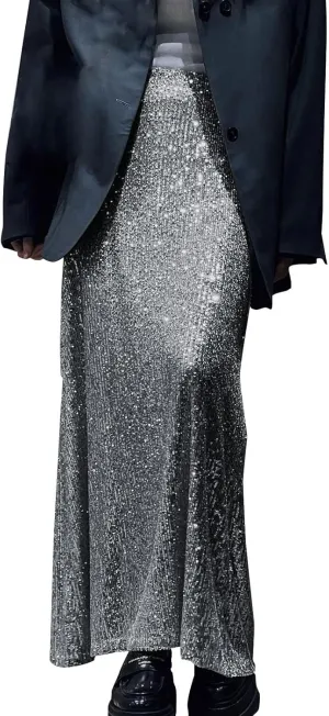 Women's Sequin Midi Skirt Sparkly Glitter Casual Half Body Skirt Sparkly A Line Swing Midi Skirt Red Sparkly Skirt