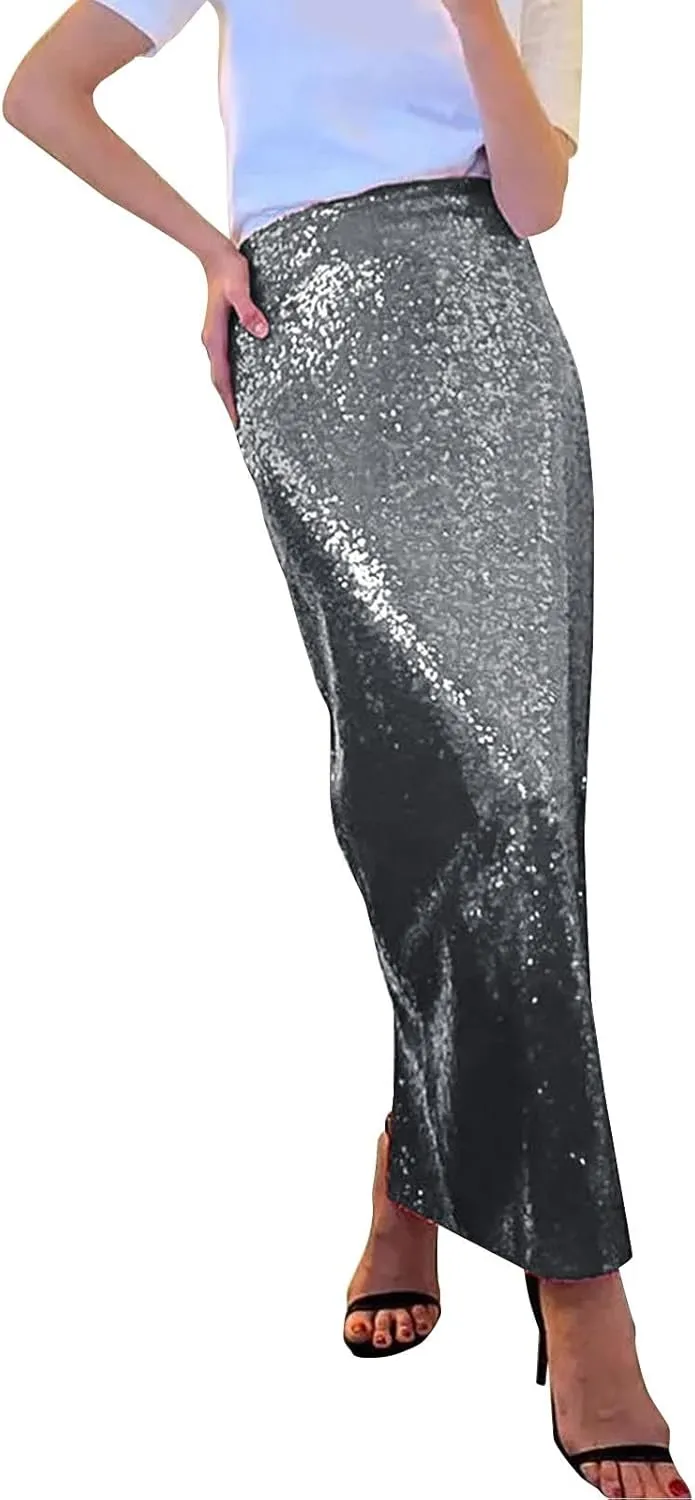 Women's Sequin Midi Skirt Sparkly Glitter Casual Half Body Skirt Sparkly A Line Swing Midi Skirt Red Sparkly Skirt
