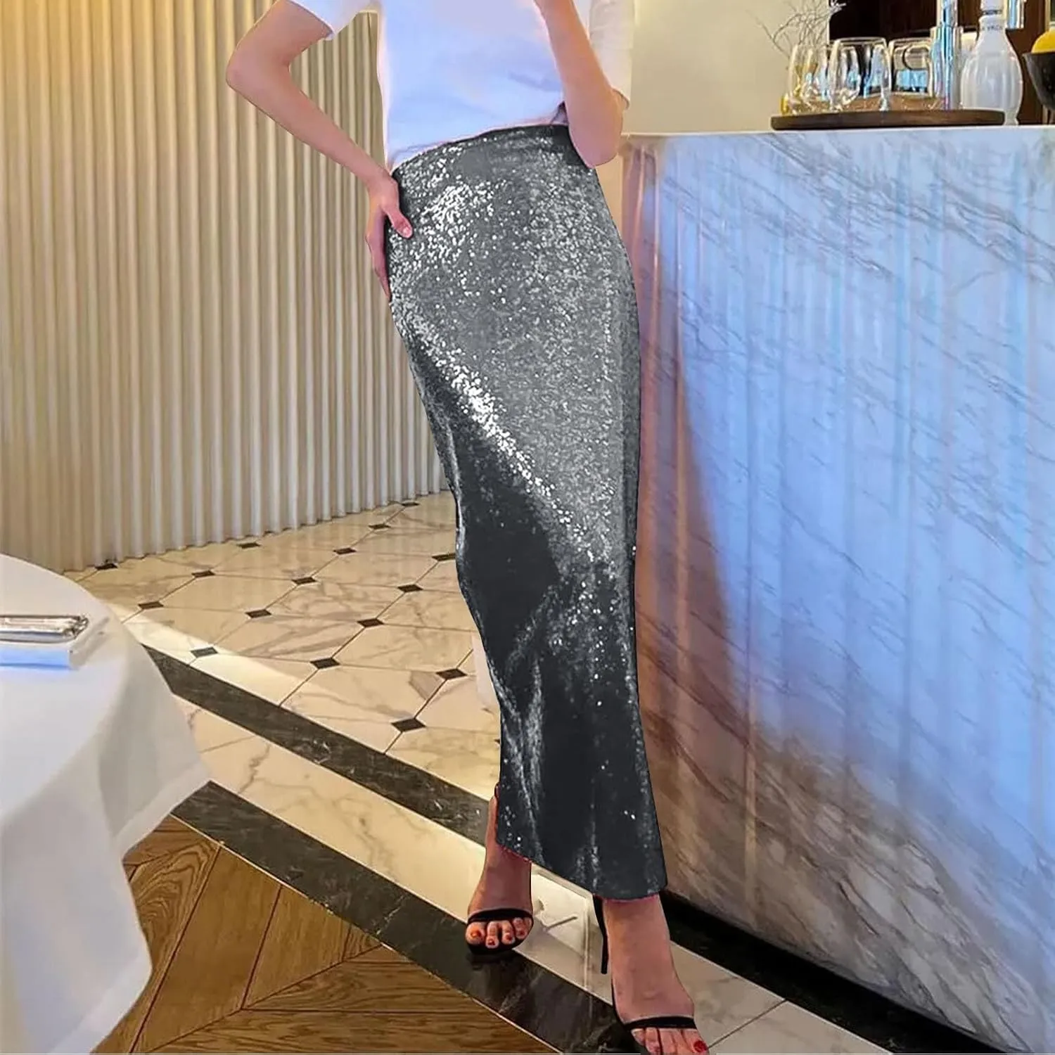 Women's Sequin Midi Skirt Sparkly Glitter Casual Half Body Skirt Sparkly A Line Swing Midi Skirt Red Sparkly Skirt