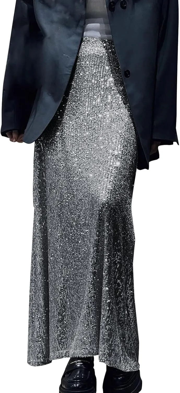 Women's Sequin Midi Skirt Sparkly Glitter Casual Half Body Skirt Sparkly A Line Swing Midi Skirt Red Sparkly Skirt