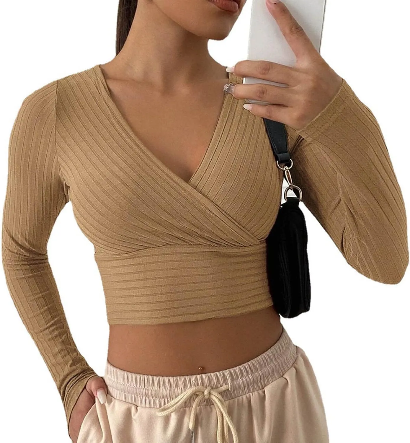 Women's Sexy Crop Tops Yoga Workout V Neck Tops Long Sleeve Slim Fit Stretchy Gym Fitness Tees Cozy Knitted Jersey Shirts