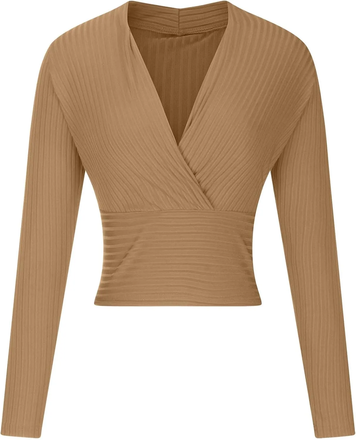 Women's Sexy Crop Tops Yoga Workout V Neck Tops Long Sleeve Slim Fit Stretchy Gym Fitness Tees Cozy Knitted Jersey Shirts