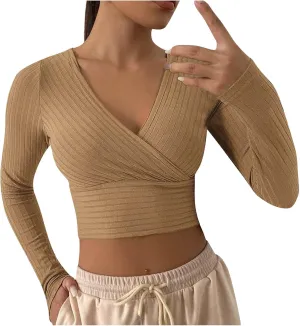 Women's Sexy Crop Tops Yoga Workout V Neck Tops Long Sleeve Slim Fit Stretchy Gym Fitness Tees Cozy Knitted Jersey Shirts