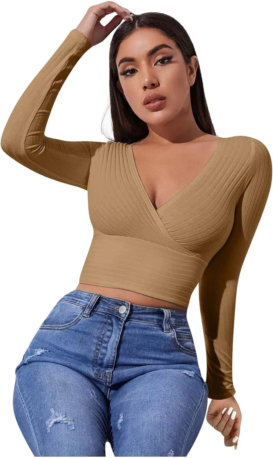 Women's Sexy Crop Tops Yoga Workout V Neck Tops Long Sleeve Slim Fit Stretchy Gym Fitness Tees Cozy Knitted Jersey Shirts
