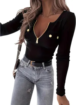 Women's Sexy Slim Fit Zippered V-Neck Shirts with Button Long Sleeve Plain T-Shirts 2024 Fall Winter Pullover Tops