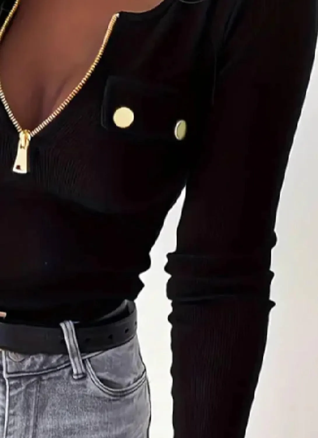 Women's Sexy Slim Fit Zippered V-Neck Shirts with Button Long Sleeve Plain T-Shirts 2024 Fall Winter Pullover Tops