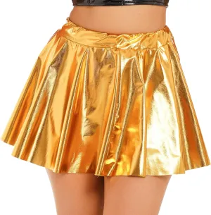 Women's Shiny Flared Pleated Mini Skater Skirt Holographic Club Party Dance A-line Skirts