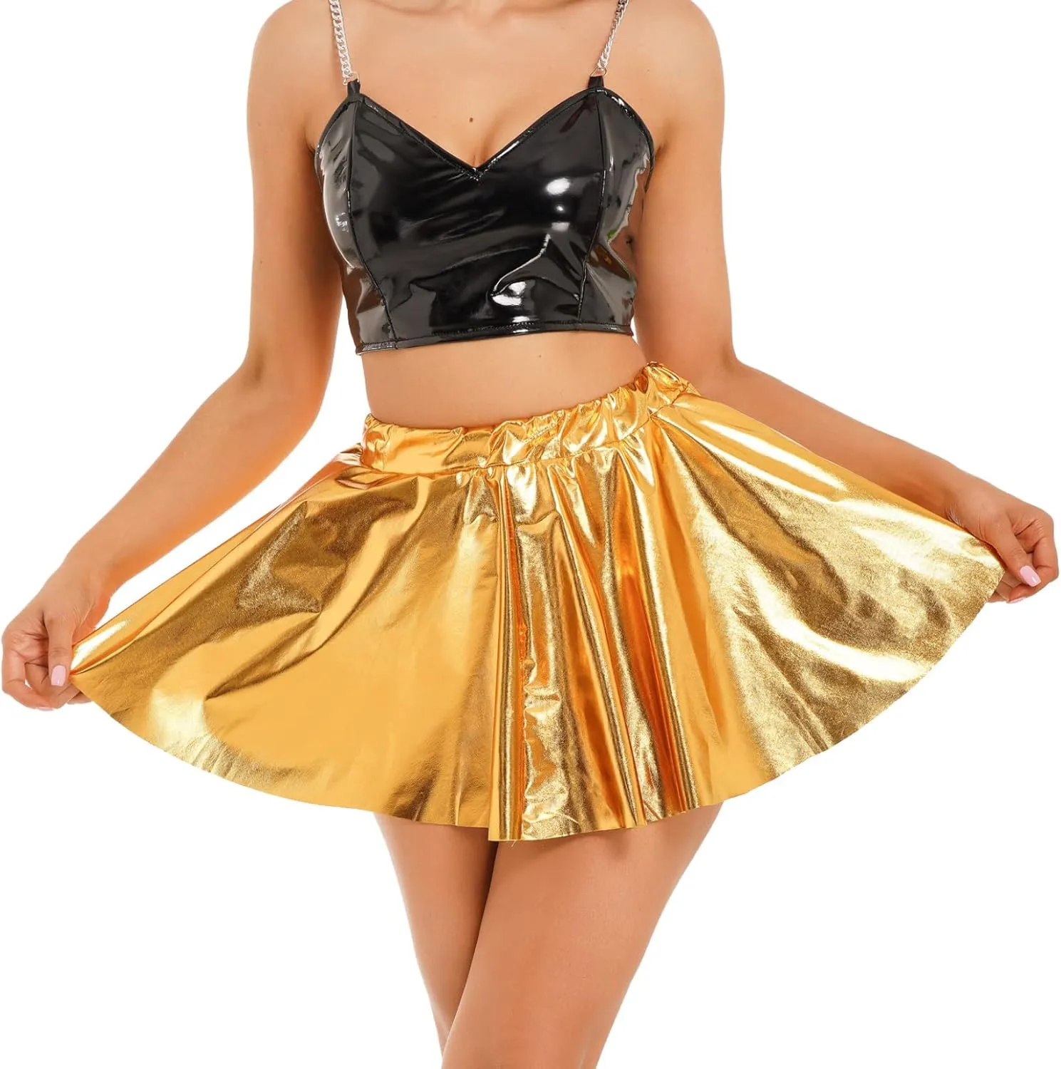Women's Shiny Flared Pleated Mini Skater Skirt Holographic Club Party Dance A-line Skirts