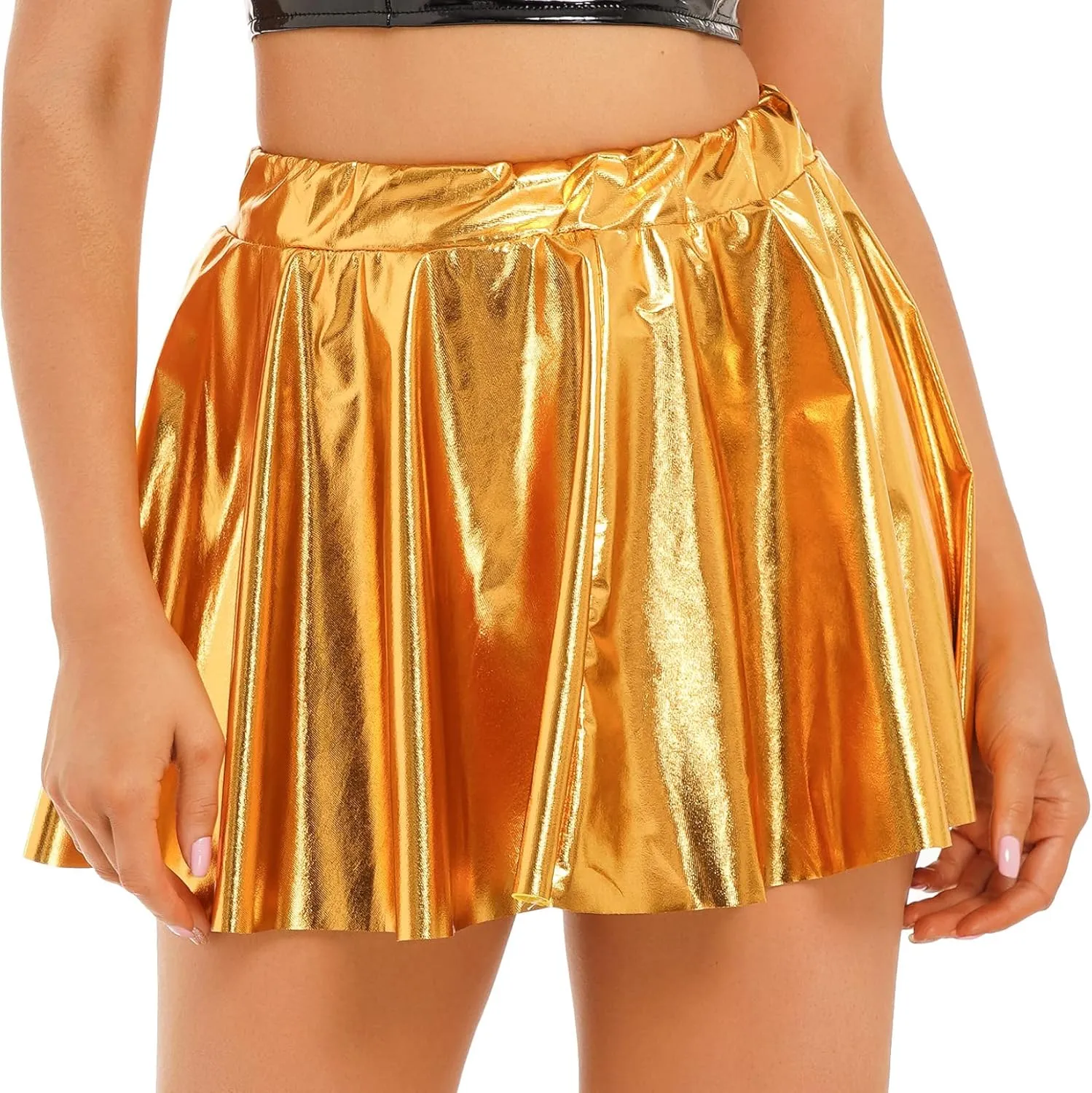 Women's Shiny Flared Pleated Mini Skater Skirt Holographic Club Party Dance A-line Skirts