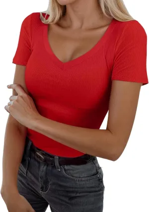 Women's Short Sleeve Cotton T-Shirts V Neck Ribbed Slim Fit Tops Ladies' Casual Summer Basic Tee 2025 Summer