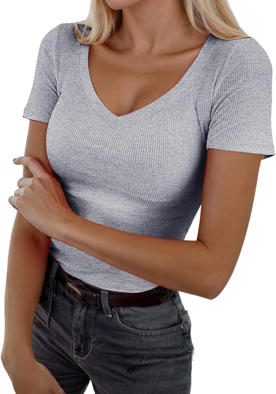 Women's Short Sleeve Cotton T-Shirts V Neck Ribbed Slim Fit Tops Ladies' Casual Summer Basic Tee 2025 Summer