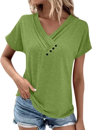Womens Short Sleeve Dressy Casual Tshirt Loose Button Decor Summer Tunic Blouses