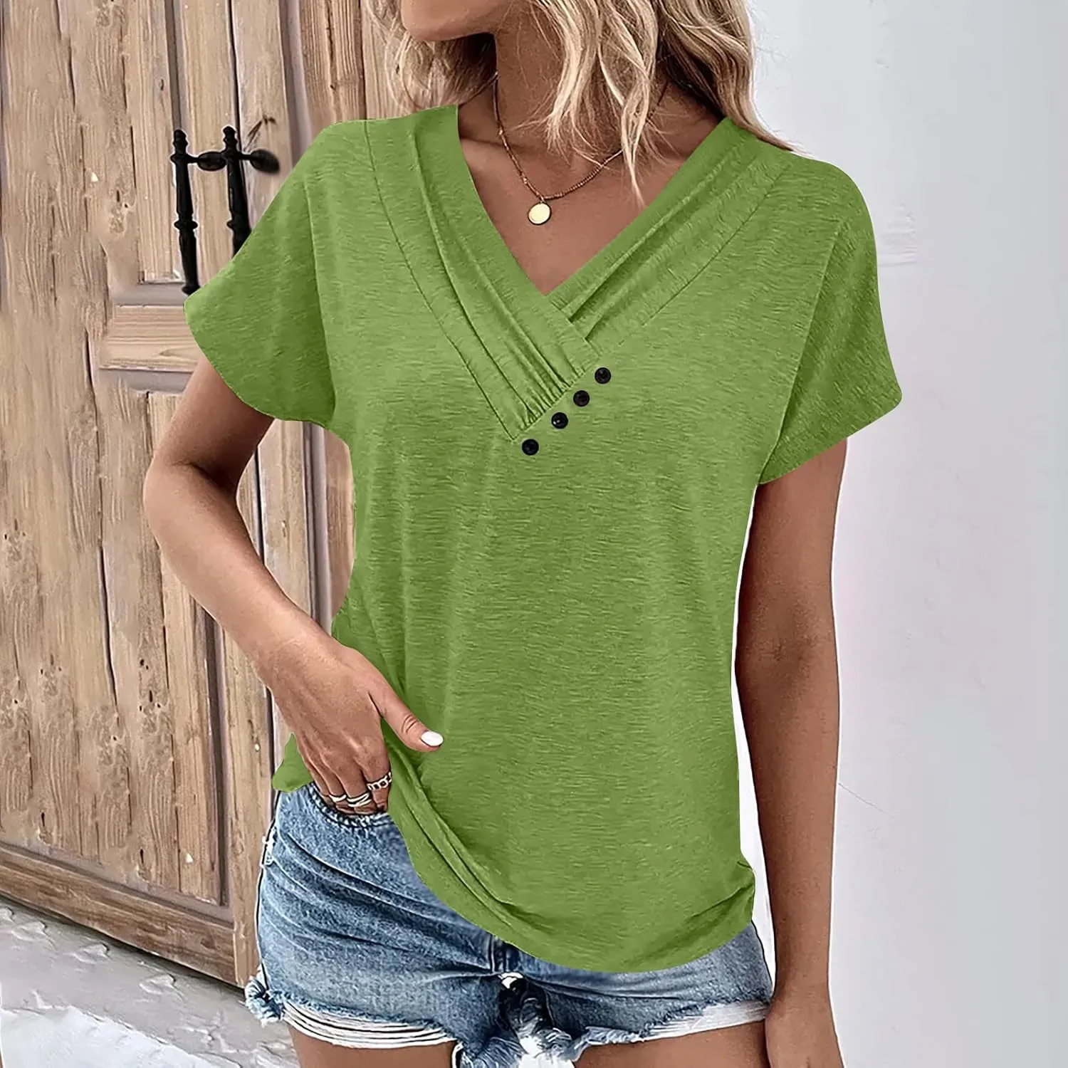 Womens Short Sleeve Dressy Casual Tshirt Loose Button Decor Summer Tunic Blouses