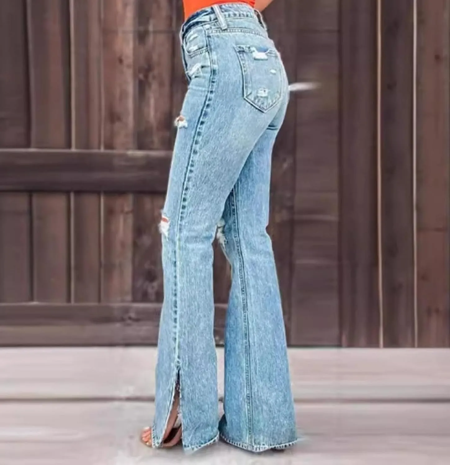 Womens Skinny Ripped Jeans Stretch Destroyed Flared Jeans Cutout Distressed Slim Denim Pants