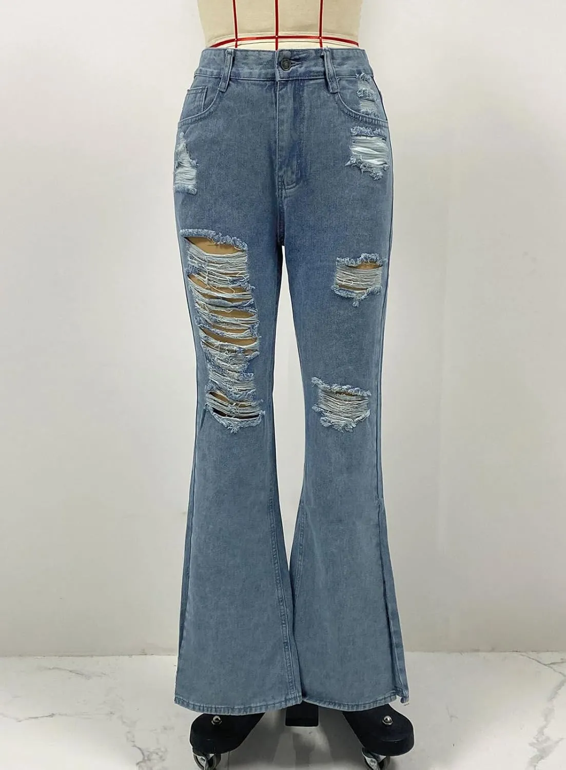 Womens Skinny Ripped Jeans Stretch Destroyed Flared Jeans Cutout Distressed Slim Denim Pants