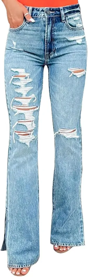 Womens Skinny Ripped Jeans Stretch Destroyed Flared Jeans Cutout Distressed Slim Denim Pants