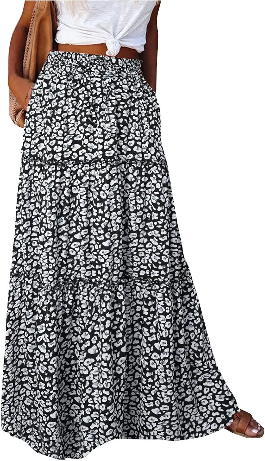 Womens Skirts,Boho Flowy Maxi Skirts for Women Trendy 2025 Summer Vacation Elastic High Waist Drawstring Ruffle Hem