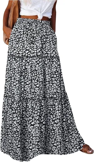Womens Skirts,Boho Flowy Maxi Skirts for Women Trendy 2025 Summer Vacation Elastic High Waist Drawstring Ruffle Hem