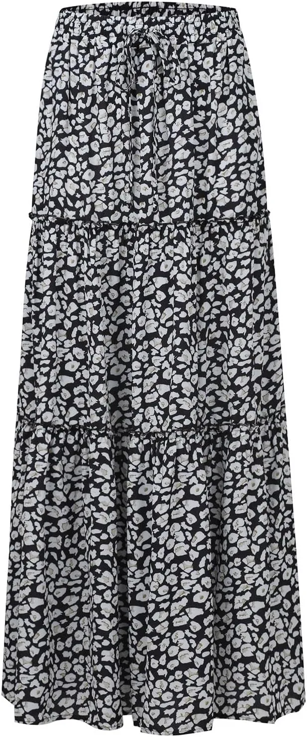 Womens Skirts,Boho Flowy Maxi Skirts for Women Trendy 2025 Summer Vacation Elastic High Waist Drawstring Ruffle Hem