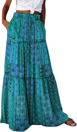 Womens Skirts,Boho Ruffle Hem Flowy Maxi Skirts for Women Trendy 2025 Summer Vacation Elastic High Waist Drawstring