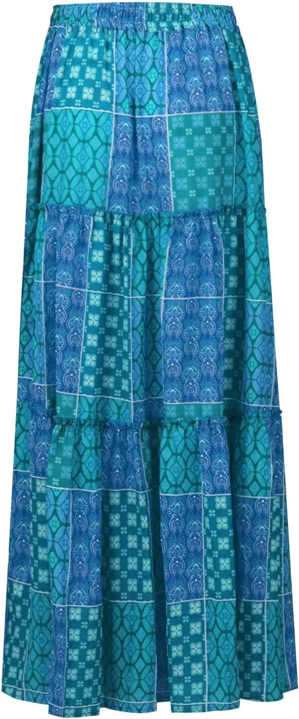 Womens Skirts,Boho Ruffle Hem Flowy Maxi Skirts for Women Trendy 2025 Summer Vacation Elastic High Waist Drawstring