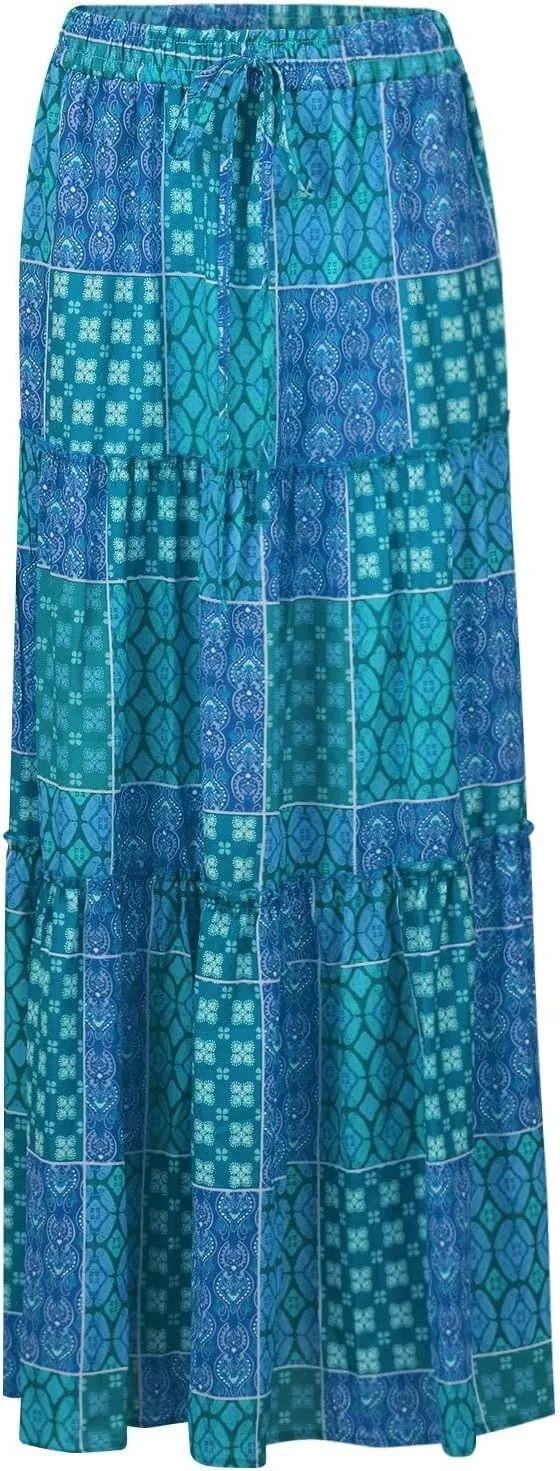 Womens Skirts,Boho Ruffle Hem Flowy Maxi Skirts for Women Trendy 2025 Summer Vacation Elastic High Waist Drawstring