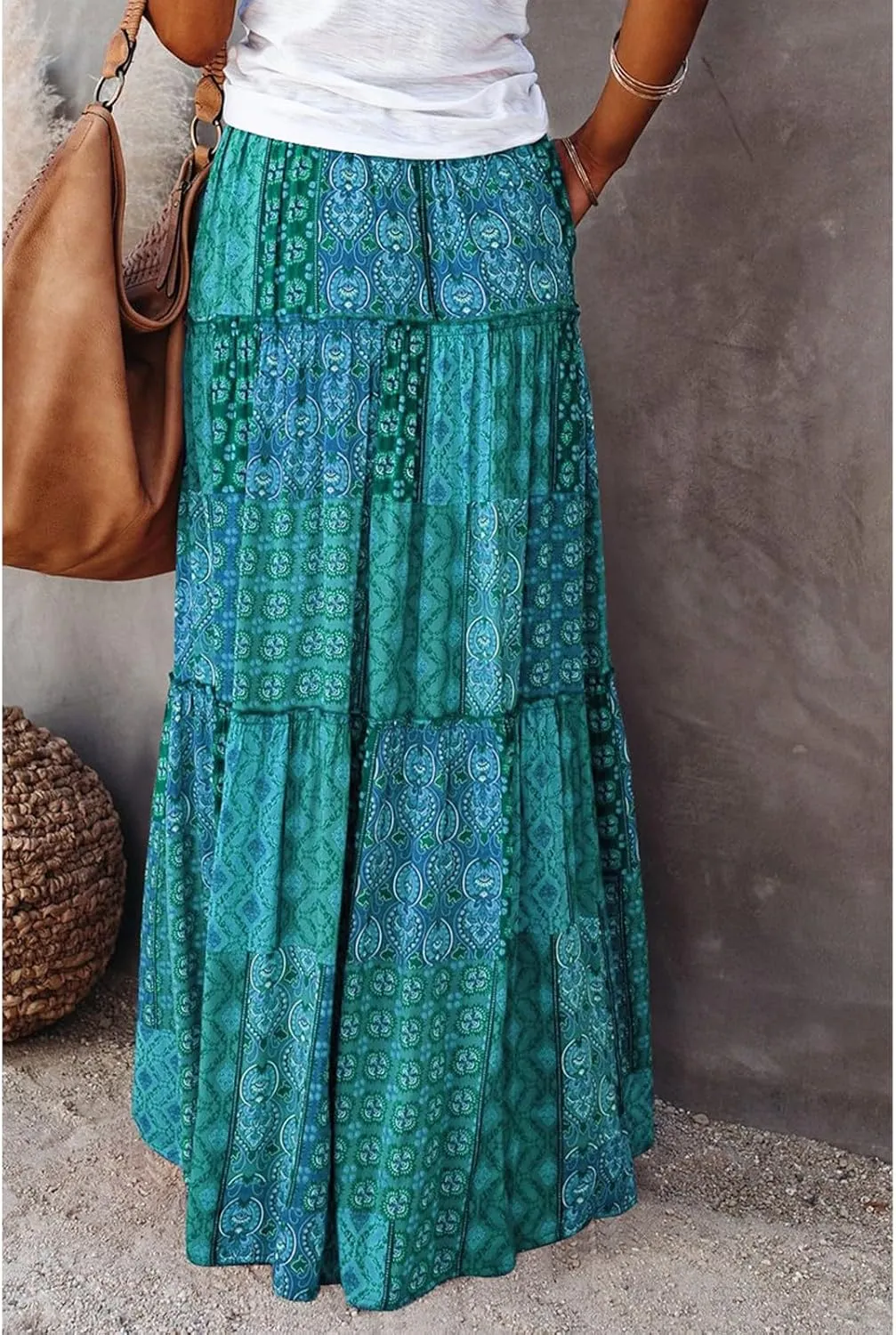 Womens Skirts,Boho Ruffle Hem Flowy Maxi Skirts for Women Trendy 2025 Summer Vacation Elastic High Waist Drawstring