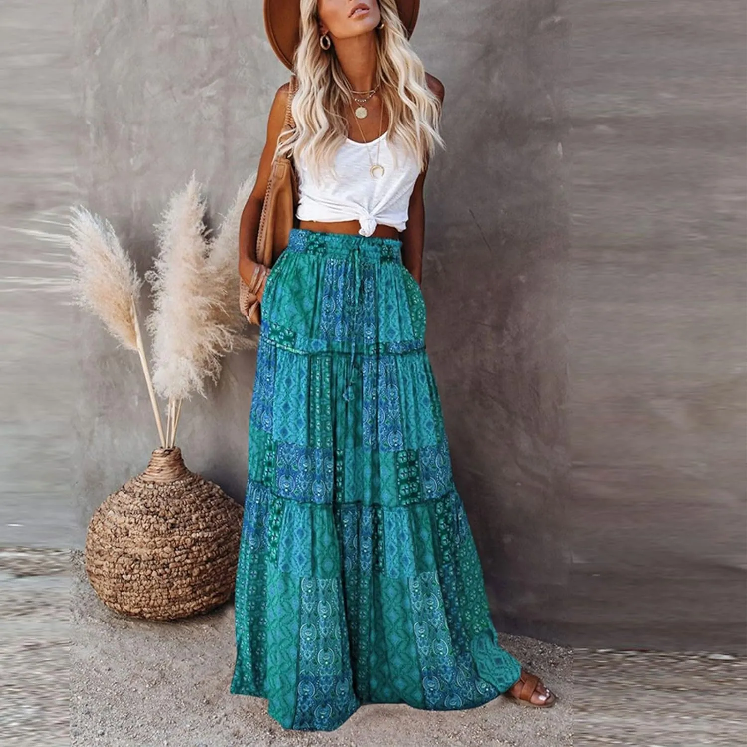 Womens Skirts,Boho Ruffle Hem Flowy Maxi Skirts for Women Trendy 2025 Summer Vacation Elastic High Waist Drawstring