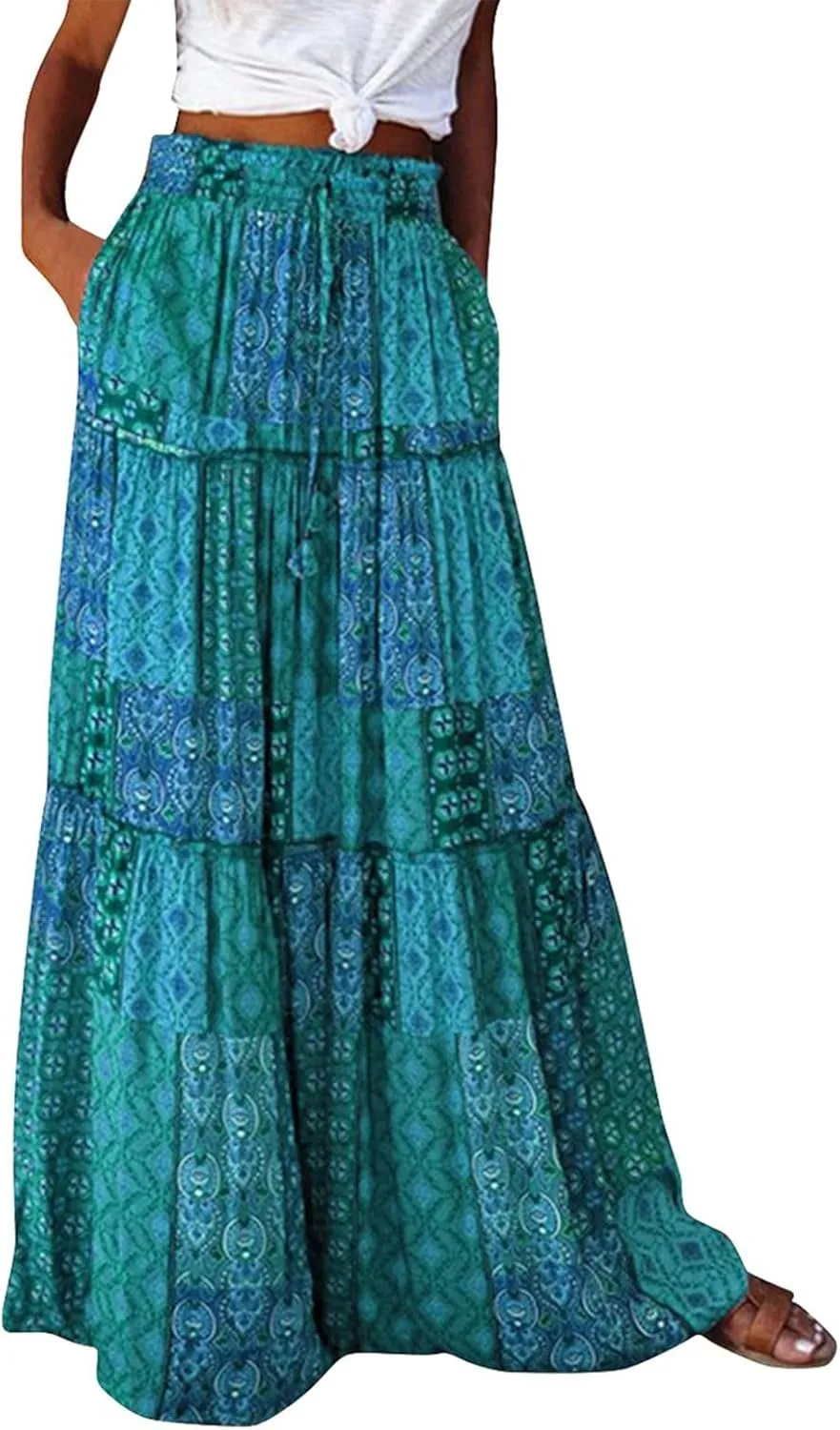 Womens Skirts,Boho Ruffle Hem Flowy Maxi Skirts for Women Trendy 2025 Summer Vacation Elastic High Waist Drawstring