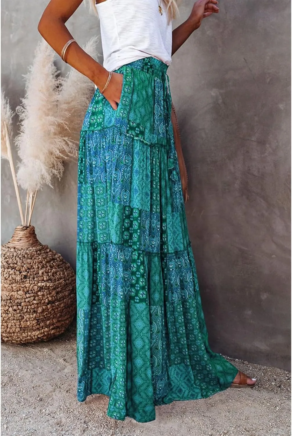 Womens Skirts,Boho Ruffle Hem Flowy Maxi Skirts for Women Trendy 2025 Summer Vacation Elastic High Waist Drawstring