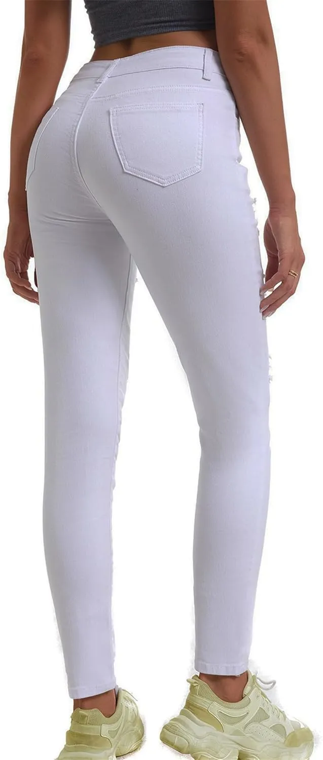 Women's Slit Knee High Waisted Jeans Ripped Knee Skinny Jean Slim Stretch Pencil Pants Jegging