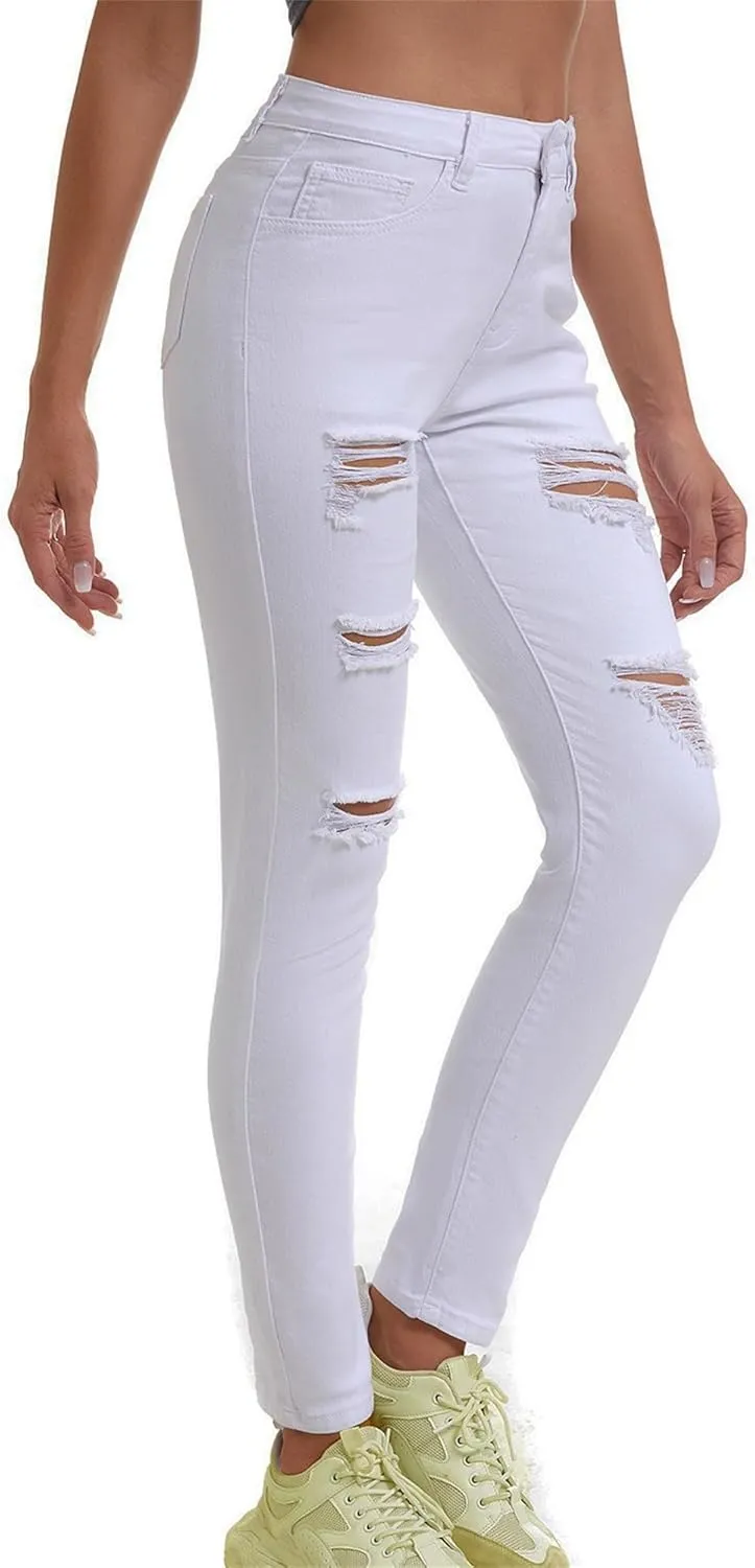 Women's Slit Knee High Waisted Jeans Ripped Knee Skinny Jean Slim Stretch Pencil Pants Jegging
